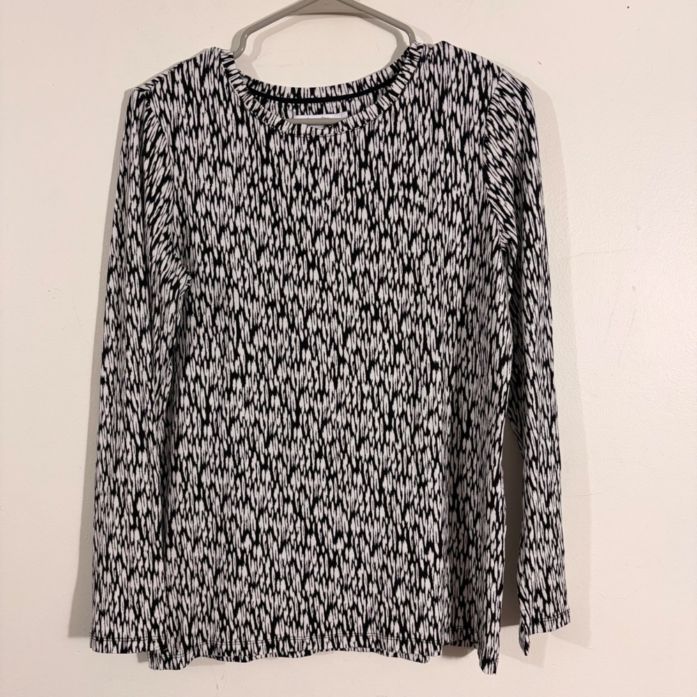 Chico's Top Women 1 M Black White Abstract Ikat Long Sleeve Crew Neck KNIT
